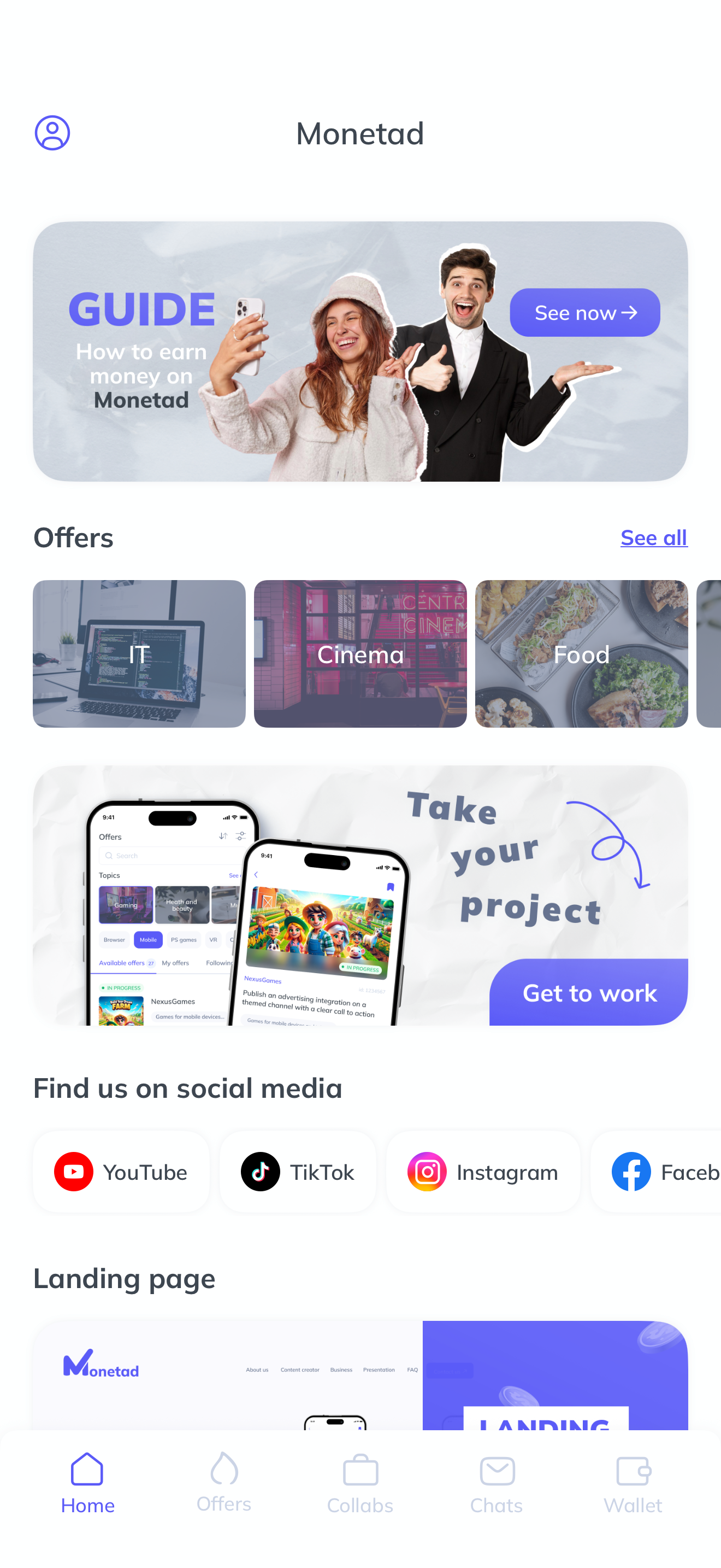 Monetad iOS app — home screen