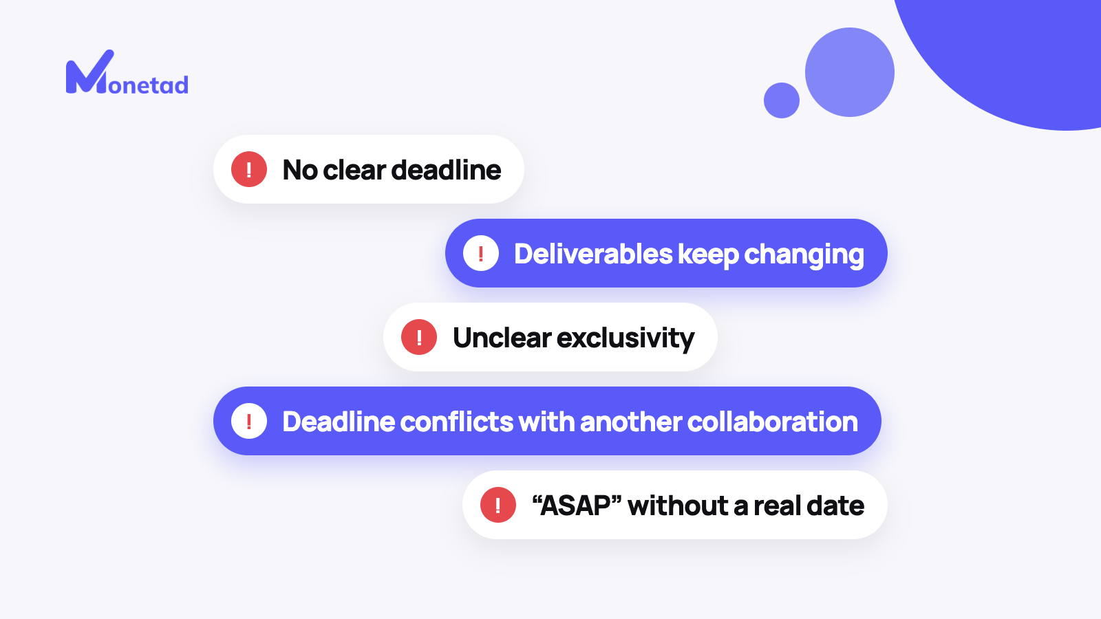 Five red flags in a collab offer: no clear deadline, deliverables that keep changing, unclear exclusivity, a deadline that conflicts with another collaboration, and “ASAP” without a real date.
