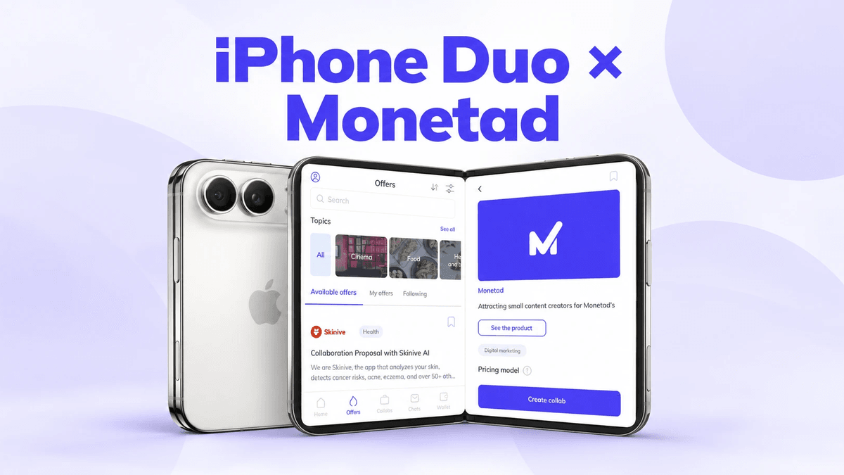 The iPhone Duo for creators, unfolded: the Monetad offer feed on the left half of the screen and a single offer open on the right.