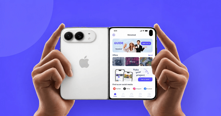 Two hands holding an unfolded iPhone Duo with the Monetad home screen and offer categories on the inner display.