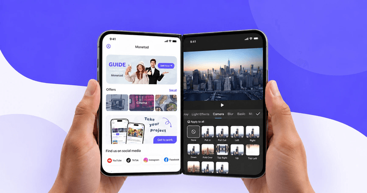 An unfolded iPhone Duo for creators with the Monetad app on the left half of the screen and a video editor on the right.